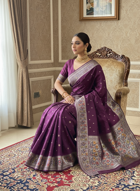 The Magenta Dream: Pure Tussar Silk Banarasi Saree with Paithani Border by Shades Of Banaras - banarasi - banarasi saree shop - banarasi saree manufacturers - banarasi saree wholesale - banaraasi sarees