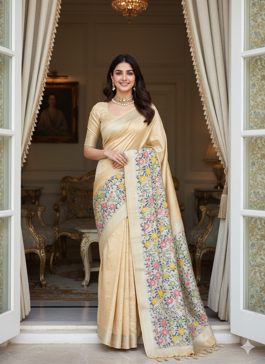 The Golden Weave: Creme Tussar Silk Banarasi Saree with Paithani Border by Shades Of Banaras - banarasi - banarasi saree shop - banarasi saree manufacturers - banarasi saree wholesale - banaraasi sarees