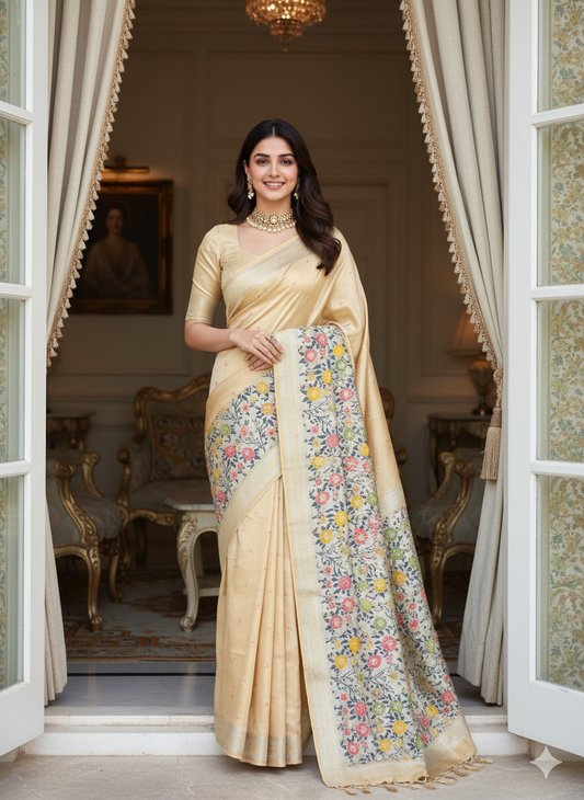 The Golden Weave: Creme Tussar Silk Banarasi Saree with Paithani Border by Shades Of Banaras - banarasi - banarasi saree shop - banarasi saree manufacturers - banarasi saree wholesale - banaraasi sarees