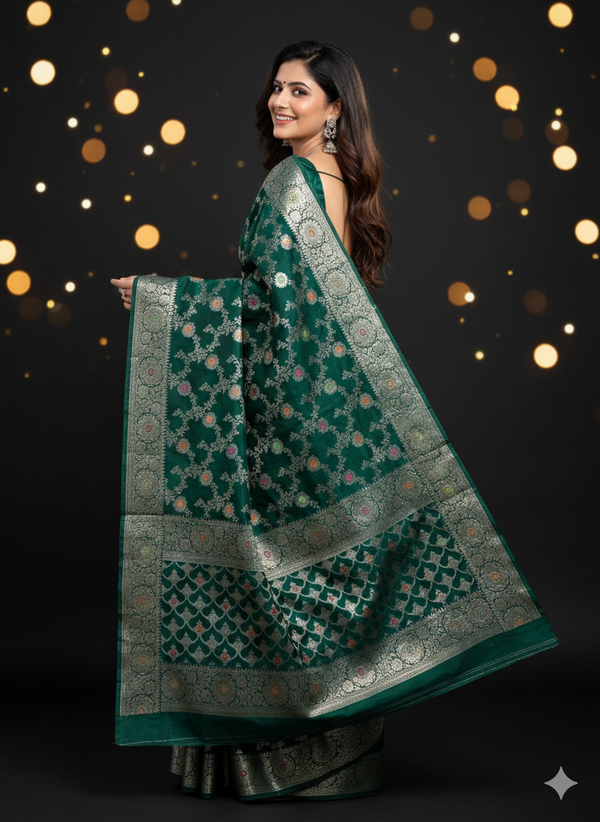 Bottle Green Banarasi Summer Silk Saree with Minakari by Shades Of Banaras - banarasi - banarasi saree shop - banarasi saree manufacturers - banarasi saree wholesale - banaraasi sarees