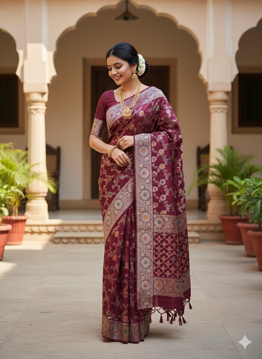 Wine Banarasi Summer Silk Saree with Minakari Jaal by Shades Of Banaras - banarasi - banarasi saree shop - banarasi saree manufacturers - banarasi saree wholesale - banaraasi sarees