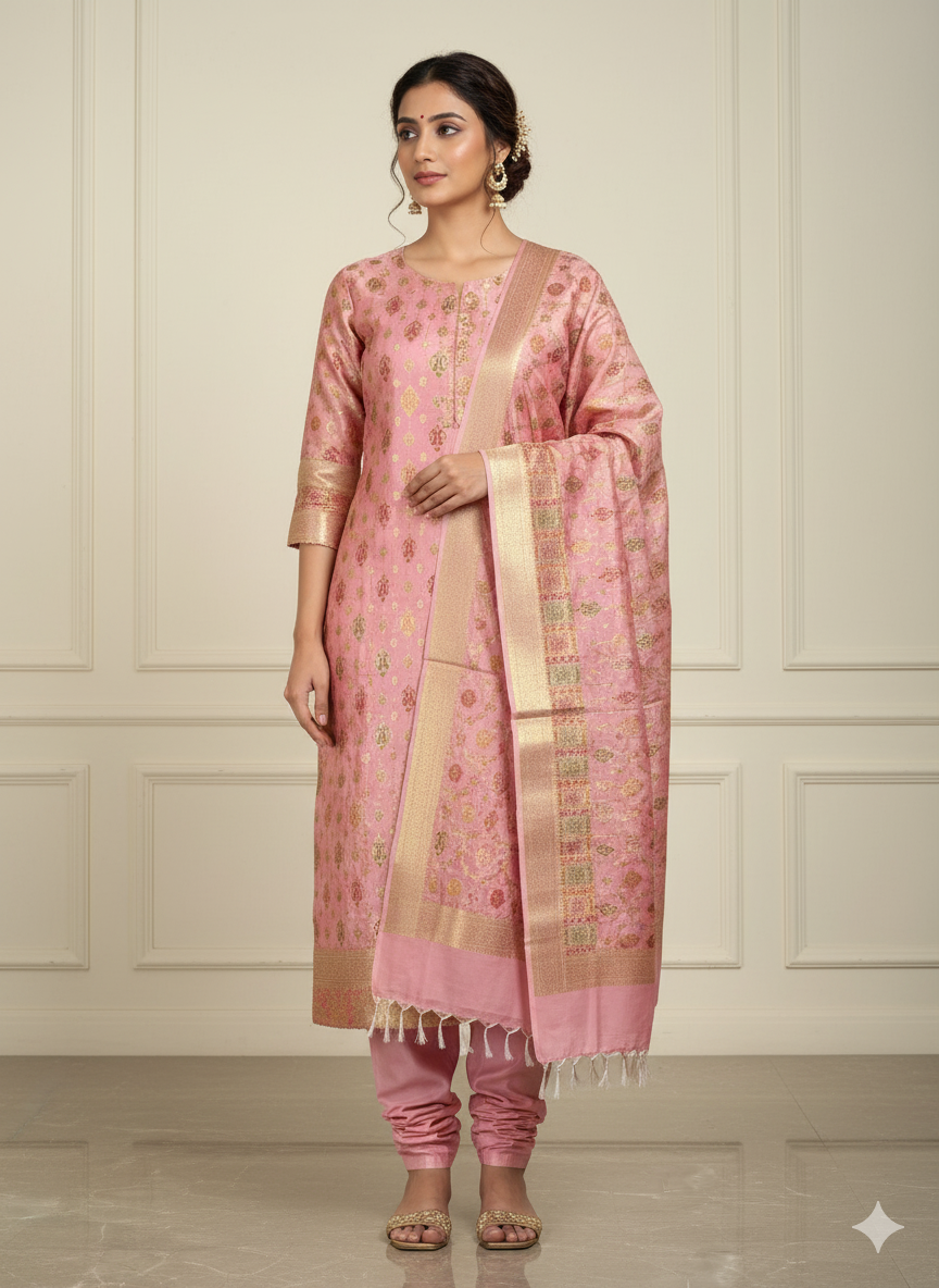 Peach Soft Silk Banarasi Handloom 3-Piece Suit Set – Minakari Weave by Shades Of Banaras - banarasi - banarasi saree shop - banarasi saree manufacturers - banarasi saree wholesale - banaraasi sarees