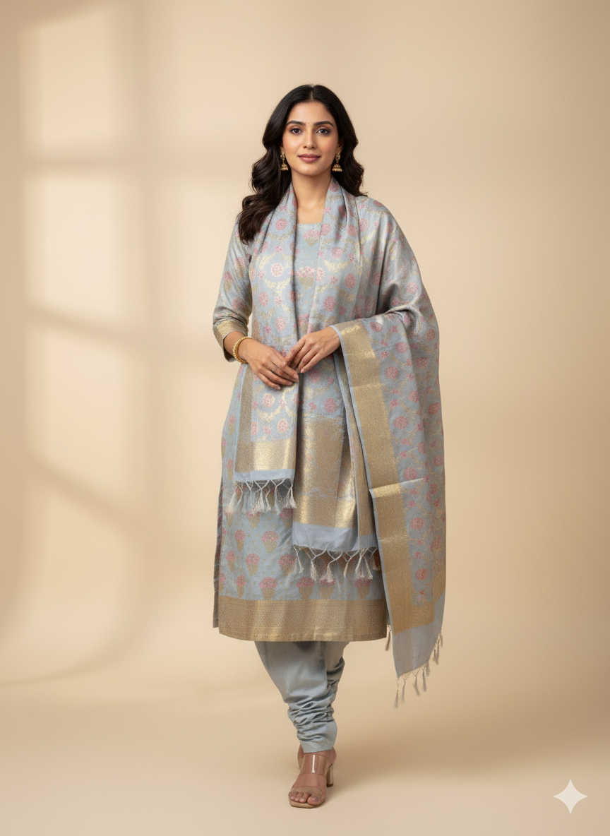 Exquisite Grey Soft Silk Handloom Suit Set by Shades Of Banaras - banarasi - banarasi saree shop - banarasi saree manufacturers - banarasi saree wholesale - banaraasi sarees