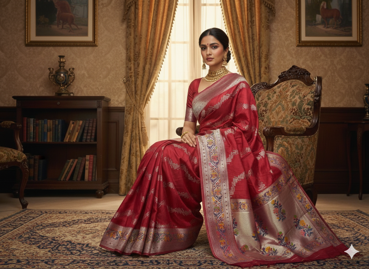 The Crimson Symphony: Red Tussar Silk Saree with Paithani by Shades Of Banaras - banarasi - banarasi saree shop - banarasi saree manufacturers - banarasi saree wholesale - banaraasi sarees