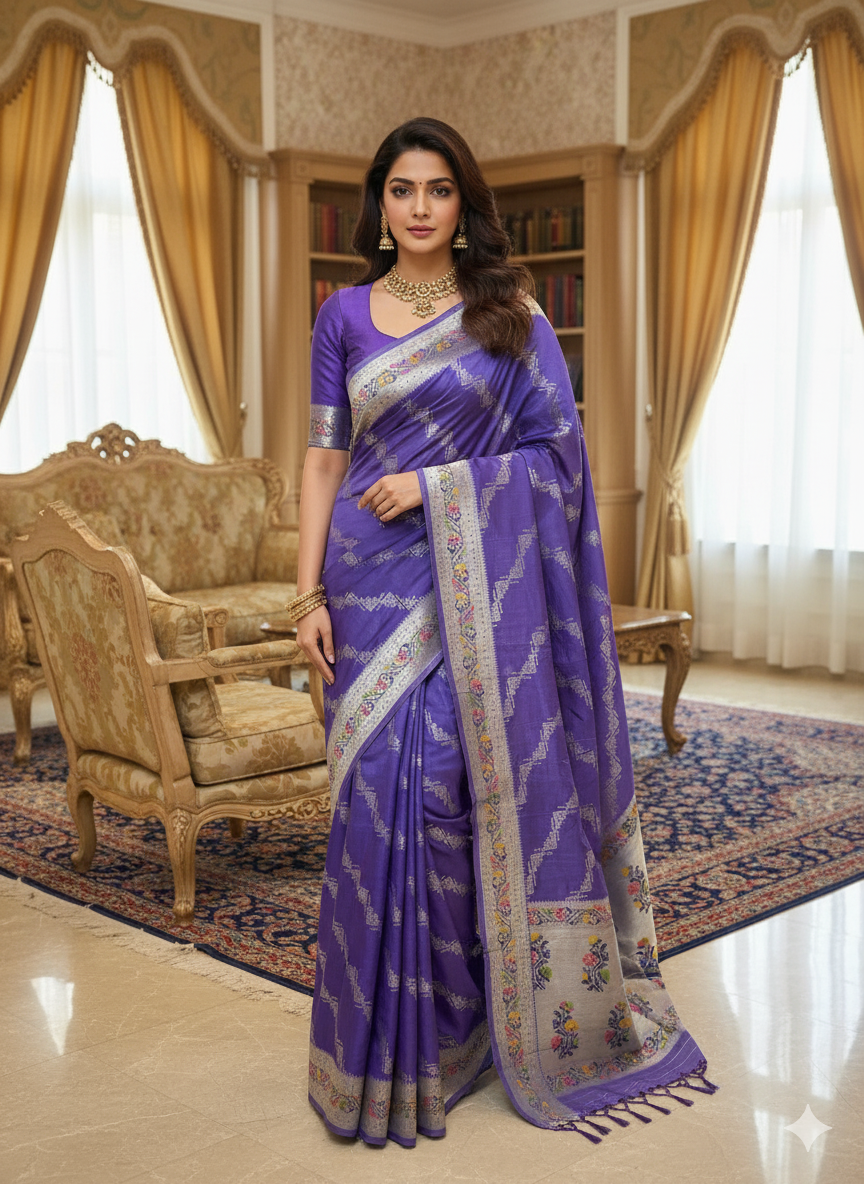 The Lavender Dream: Tussar Silk Saree with Paithani Border by Shades Of Banaras - banarasi - banarasi saree shop - banarasi saree manufacturers - banarasi saree wholesale - banaraasi sarees