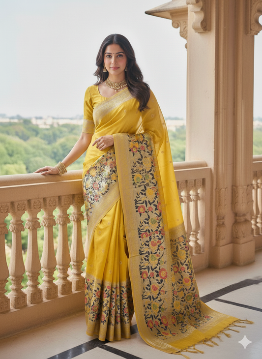 The Golden Sunlight: Yellow Pure Tussar Silk Banarasi Saree by Shades Of Banaras - banarasi - banarasi saree shop - banarasi saree manufacturers - banarasi saree wholesale - banaraasi sarees
