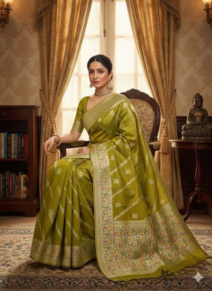 The Mehendi Muse: Green Pure Tussar Silk Banarasi Saree by Shades Of Banaras - banarasi - banarasi saree shop - banarasi saree manufacturers - banarasi saree wholesale - banaraasi sarees