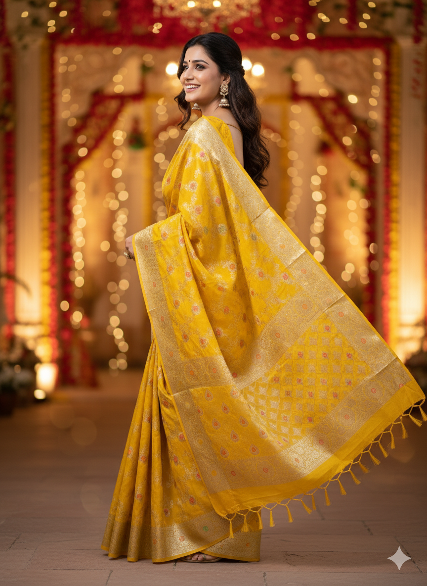 Yellow Banarasi Summer Silk Saree: The Golden Sunshine by Shades Of Banaras - banarasi - banarasi saree shop - banarasi saree manufacturers - banarasi saree wholesale - banaraasi sarees
