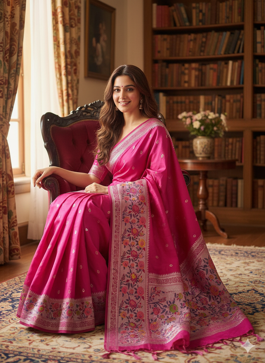 The Pink Radiance: Rani Pink Pure Tussar Silk Banarasi Saree by Shades Of Banaras - banarasi - banarasi saree shop - banarasi saree manufacturers - banarasi saree wholesale - banaraasi sarees