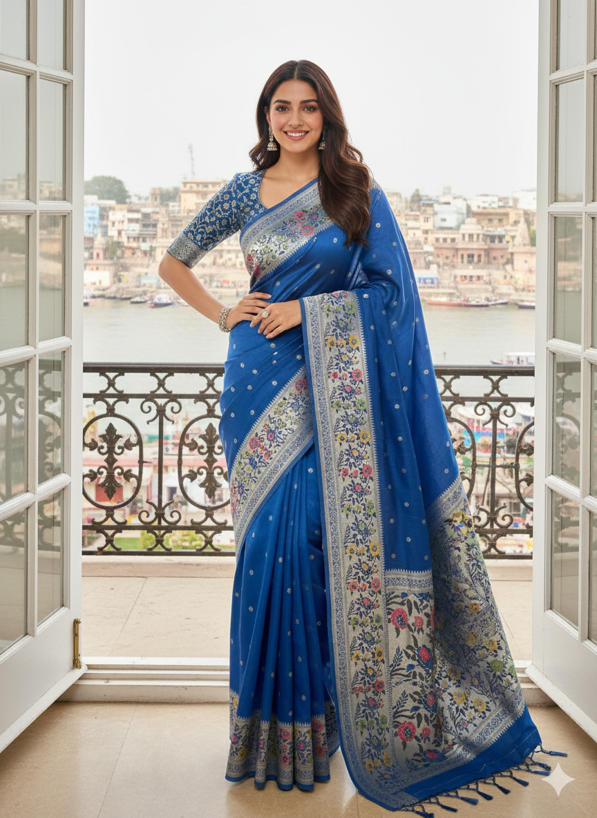 The Azure Art: Blue Pure Tussar Silk Banarasi Saree by Shades Of Banaras - banarasi - banarasi saree shop - banarasi saree manufacturers - banarasi saree wholesale - banaraasi sarees