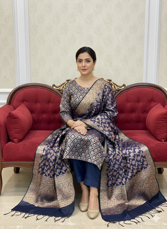 Majestic Navy Blue Soft Silk Handloom Suit Set by Shades Of Banaras - banarasi - banarasi saree shop - banarasi saree manufacturers - banarasi saree wholesale - banaraasi sarees