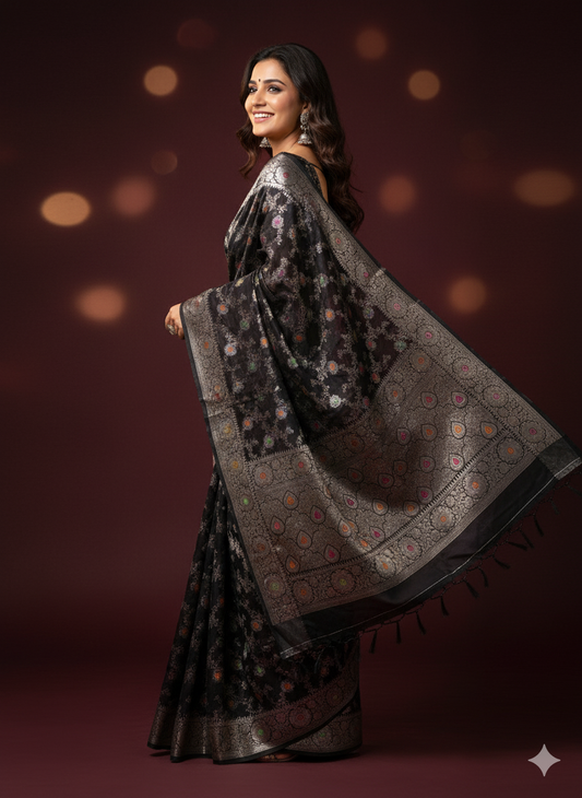 Black Banarasi Summer Silk Saree: The Mystical Midnight by Shades Of Banaras - banarasi - banarasi saree shop - banarasi saree manufacturers - banarasi saree wholesale - banaraasi sarees
