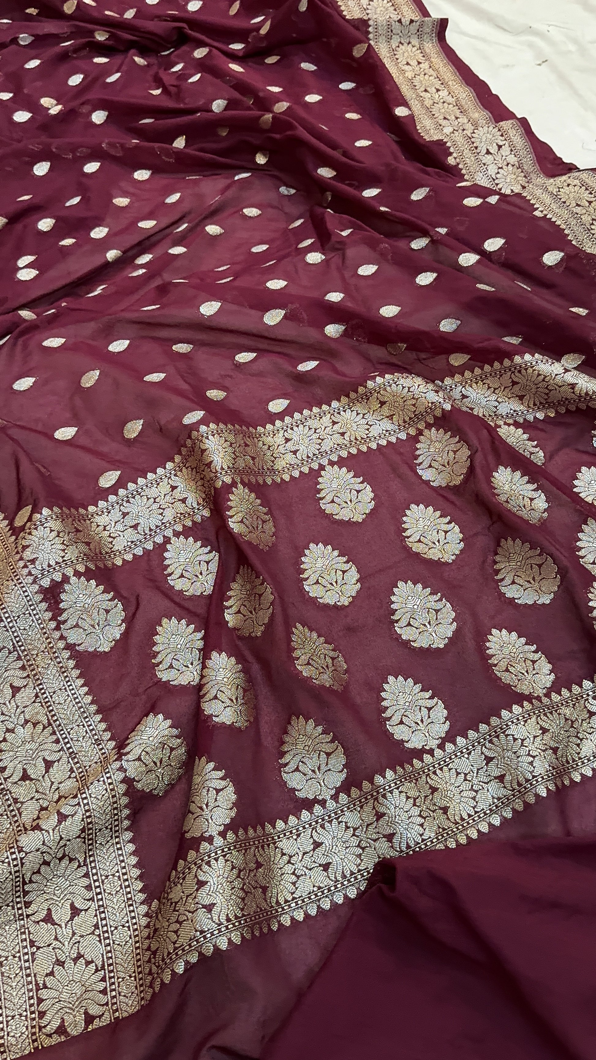 Opulent Elegance: The Wine Chiffon Georgette Banarasi Saree by Shades Of Benares - banarasi - banarasi saree shop