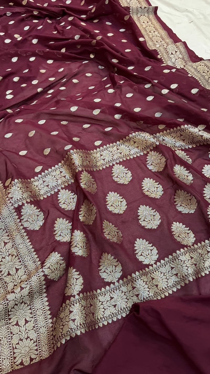 Opulent Elegance: The Wine Chiffon Georgette Banarasi Saree