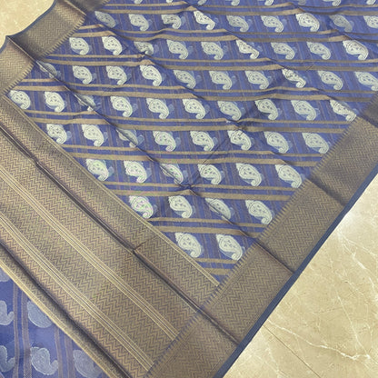 Azure Elegance — Pure Cotton Kota Check Banarasi Saree with Brocade Blouse by Shades Of Banaras - banarasi - banarasi saree shop - banarasi saree manufacturers - banarasi saree wholesale - banaraasi sarees