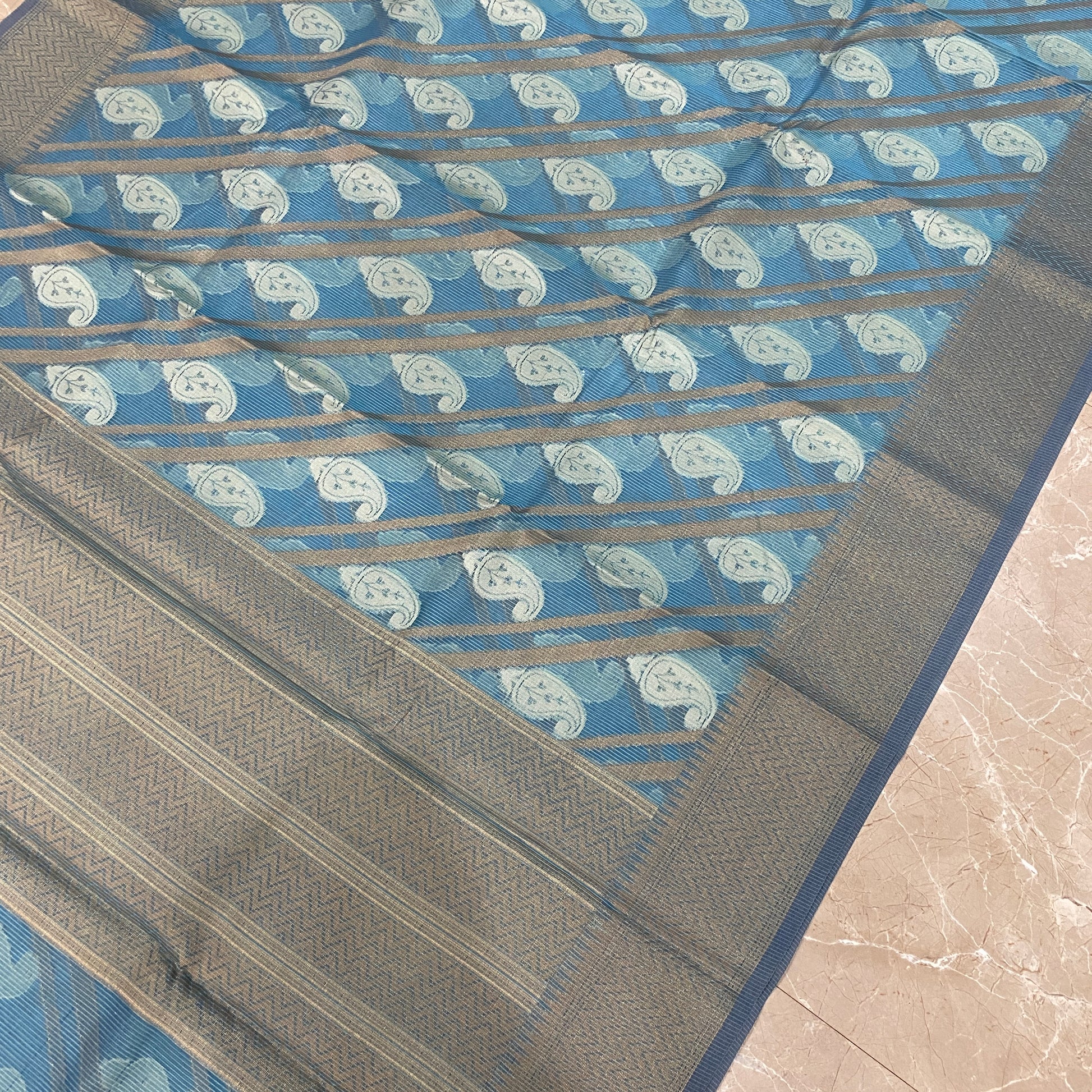 Blue Serenity — Subtle Blue Pure Cotton Kota Check Banarasi Saree with Brocade Blouse by Shades Of Banaras - banarasi - banarasi saree shop - banarasi saree manufacturers - banarasi saree wholesale - banaraasi sarees