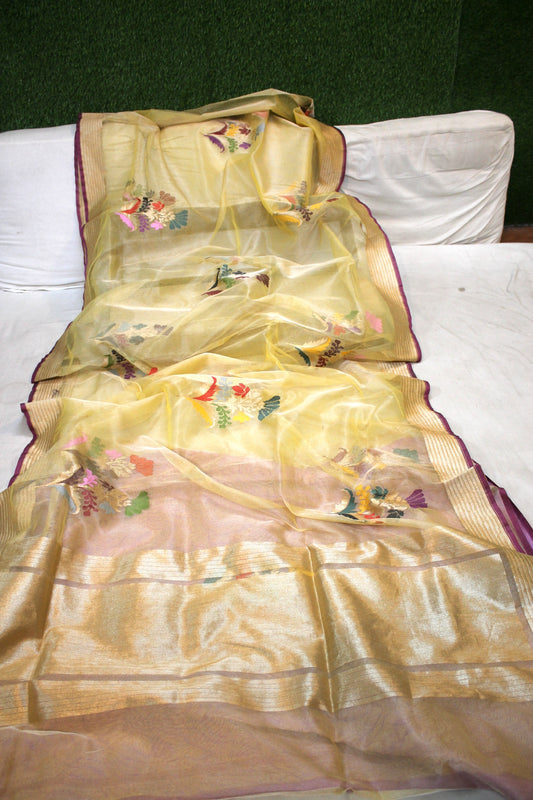 Yellow Tilfi Buta Kadhwa Pure Kora Silk Handloom Banarasi Saree by Shades Of Benares - banarasi - banarasi saree shop