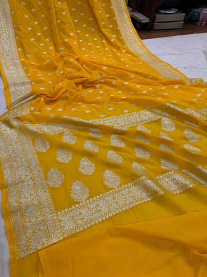 Bright and Breezy: The Yellow Chiffon Georgette Banarasi Saree by Shades Of Benares - banarasi - banarasi saree shop