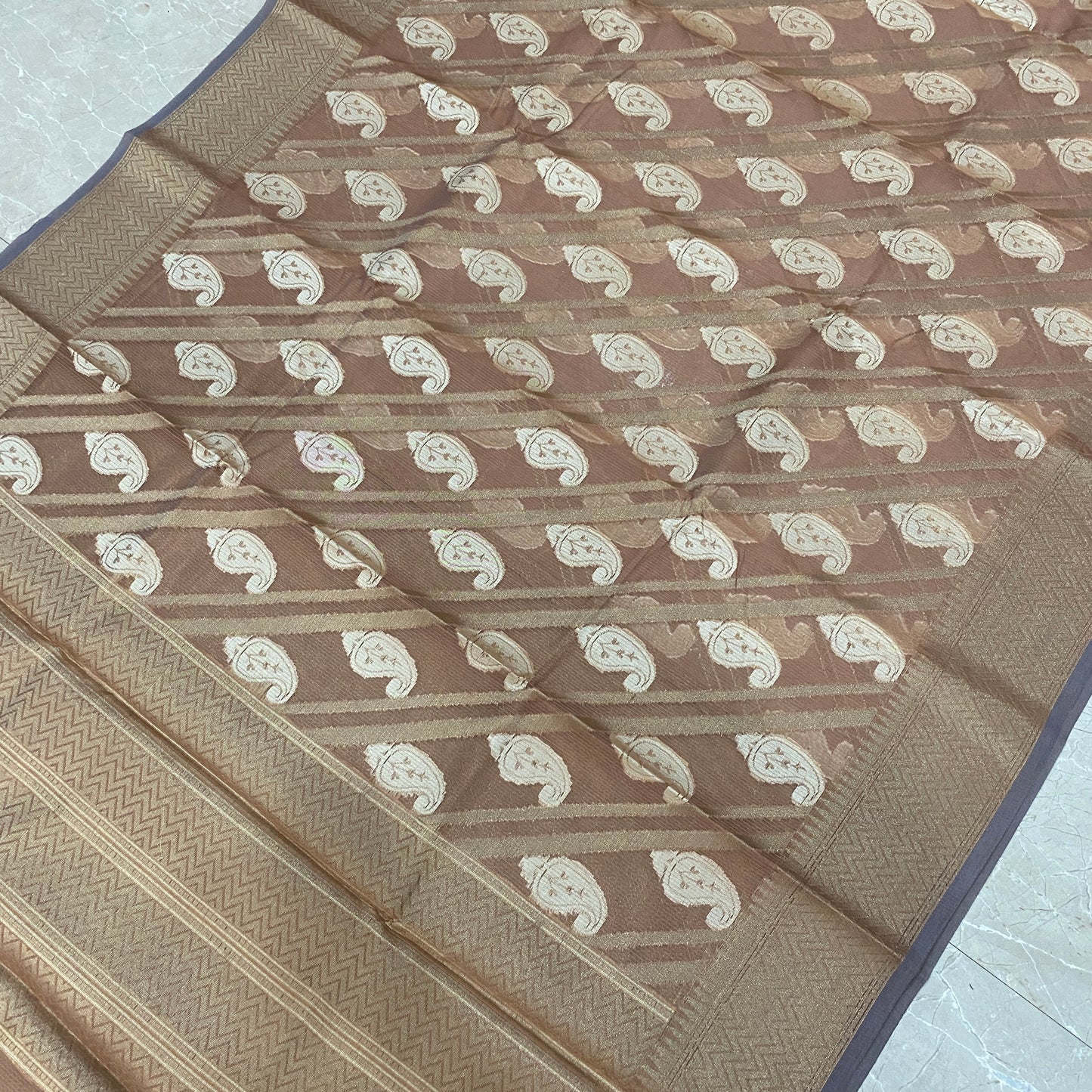 Mocha Grace — Pure Cotton Kota Check Banarasi Saree with Brocade Blouse by Shades Of Banaras - banarasi - banarasi saree shop - banarasi saree manufacturers - banarasi saree wholesale - banaraasi sarees