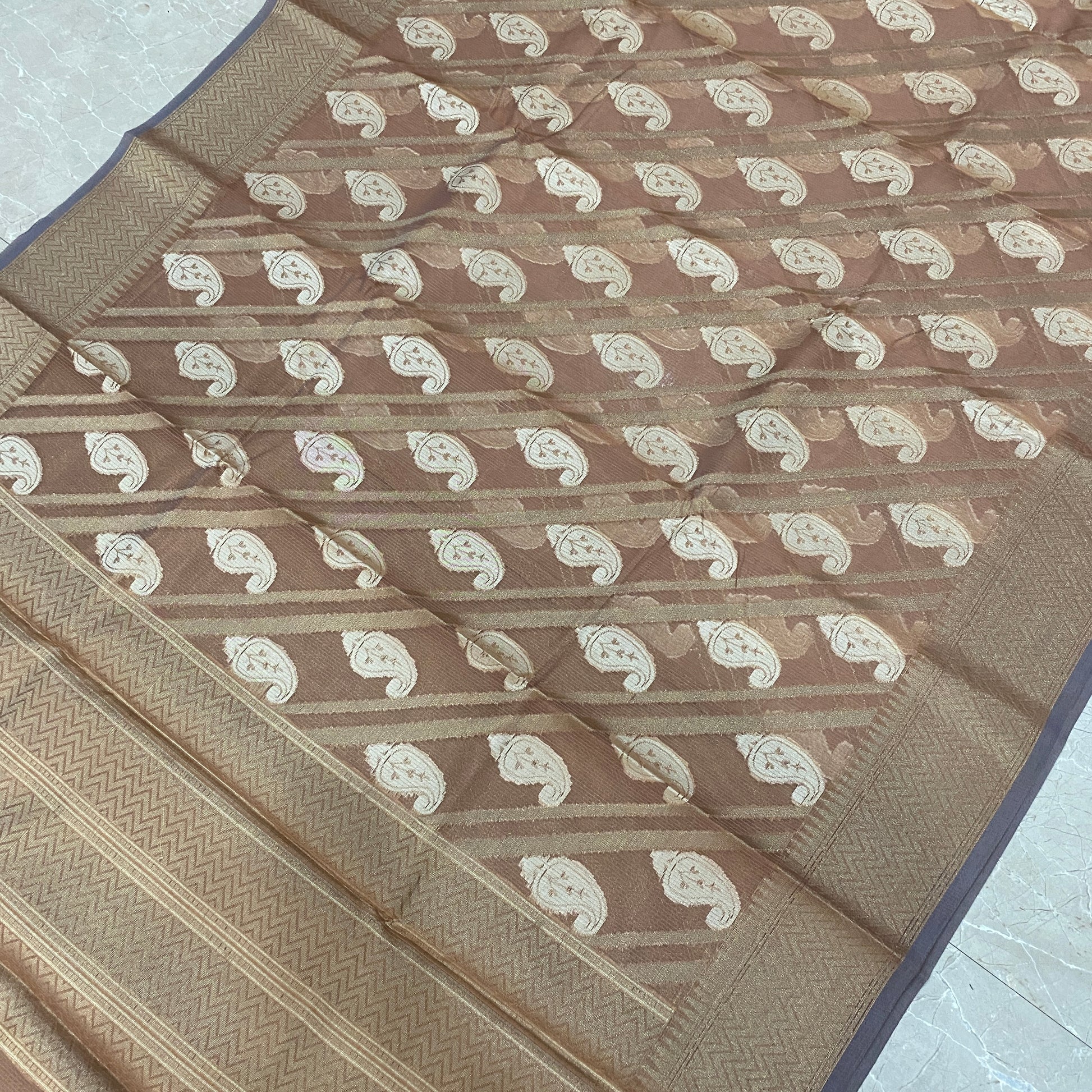 Mocha Grace — Pure Cotton Kota Check Banarasi Saree with Brocade Blouse by Shades Of Banaras - banarasi - banarasi saree shop - banarasi saree manufacturers - banarasi saree wholesale - banaraasi sarees