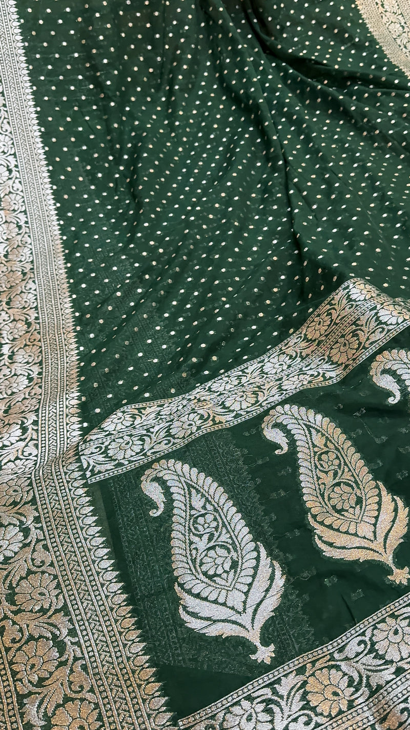 Enchanting Elegance: The Bottle Green Chiffon Georgette Banarasi Saree