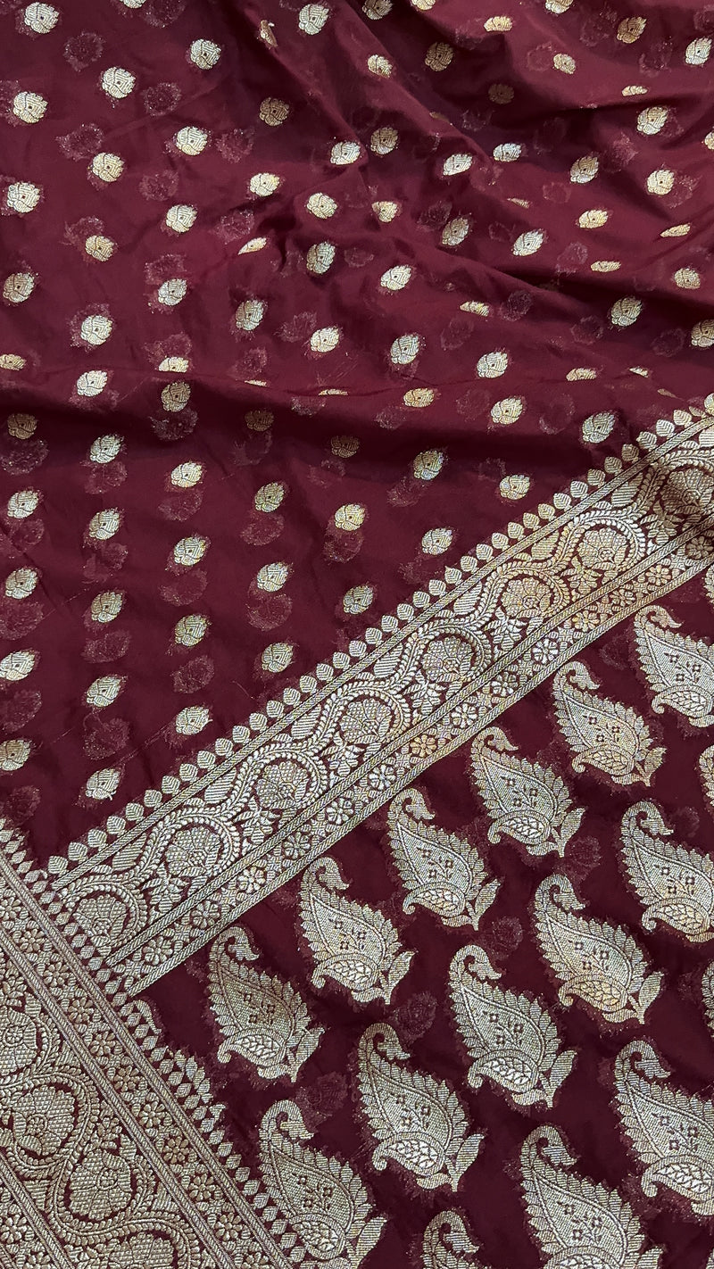 Rich Elegance: The Wine Chiffon Georgette Banarasi Saree