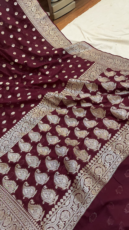 Rich Elegance: The Wine Chiffon Georgette Banarasi Saree by Shades Of Benares - banarasi - banarasi saree shop