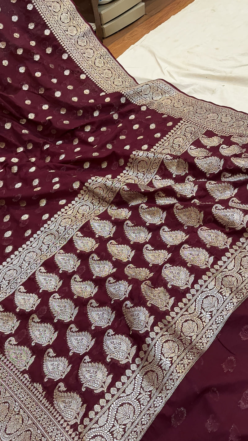 Rich Elegance: The Wine Chiffon Georgette Banarasi Saree