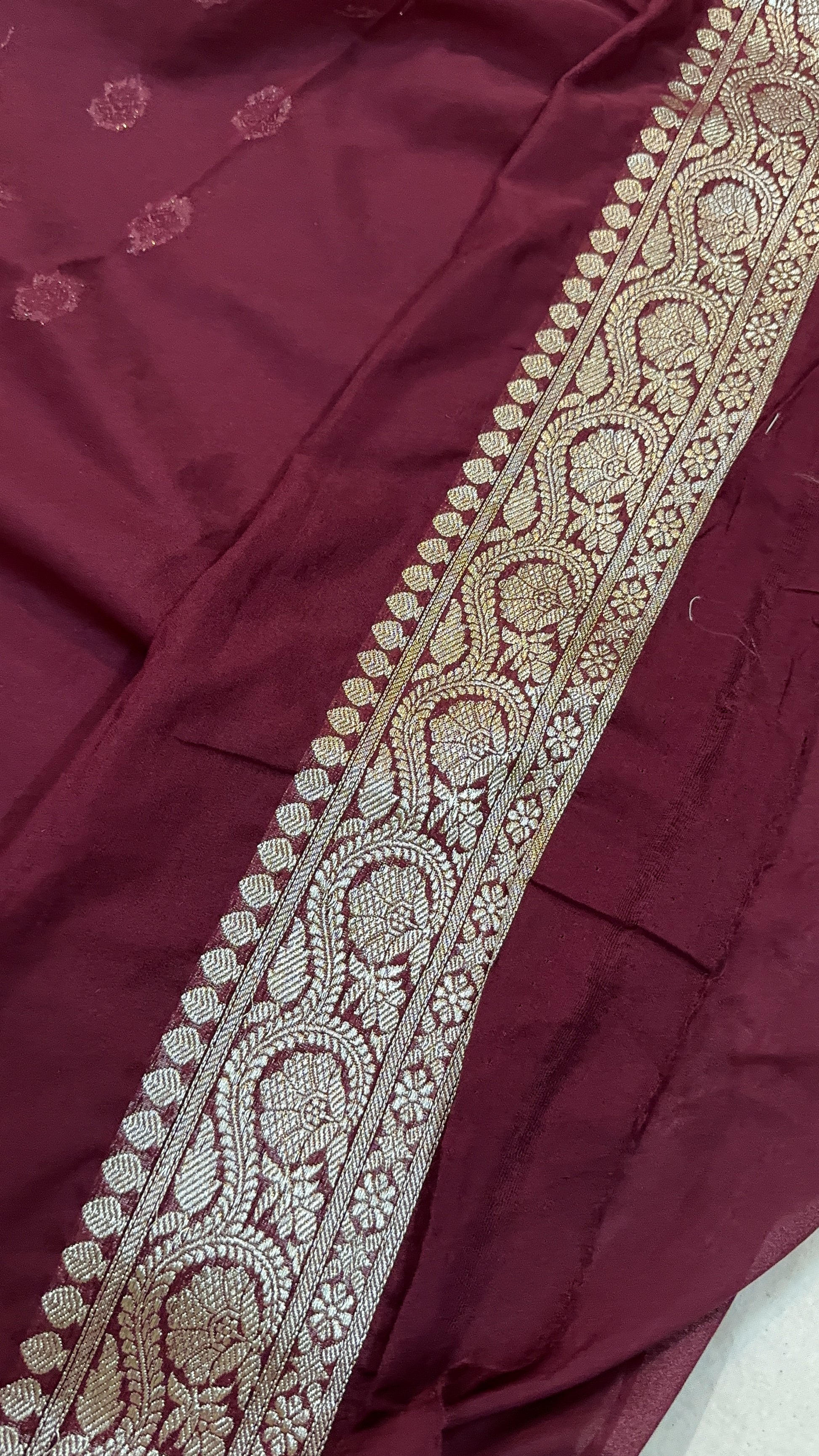 Rich Elegance: The Wine Chiffon Georgette Banarasi Saree by Shades Of Benares - banarasi - banarasi saree shop