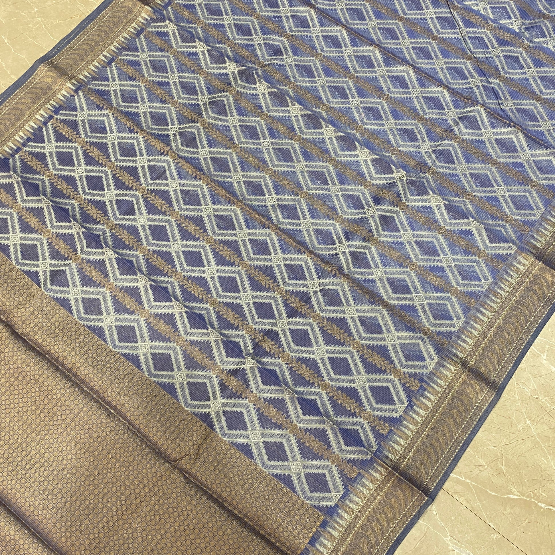 Azure Whispers — Pure Cotton Kota Check Banarasi Saree with Brocade Blouse by Shades Of Banaras - banarasi - banarasi saree shop - banarasi saree manufacturers - banarasi saree wholesale - banaraasi sarees