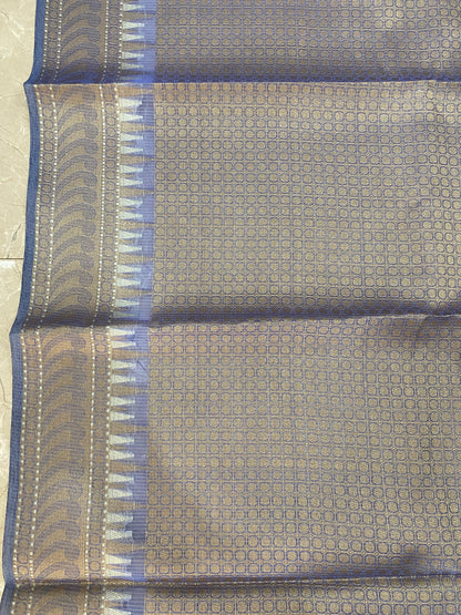 Azure Whispers — Pure Cotton Kota Check Banarasi Saree with Brocade Blouse by Shades Of Banaras - banarasi - banarasi saree shop - banarasi saree manufacturers - banarasi saree wholesale - banaraasi sarees