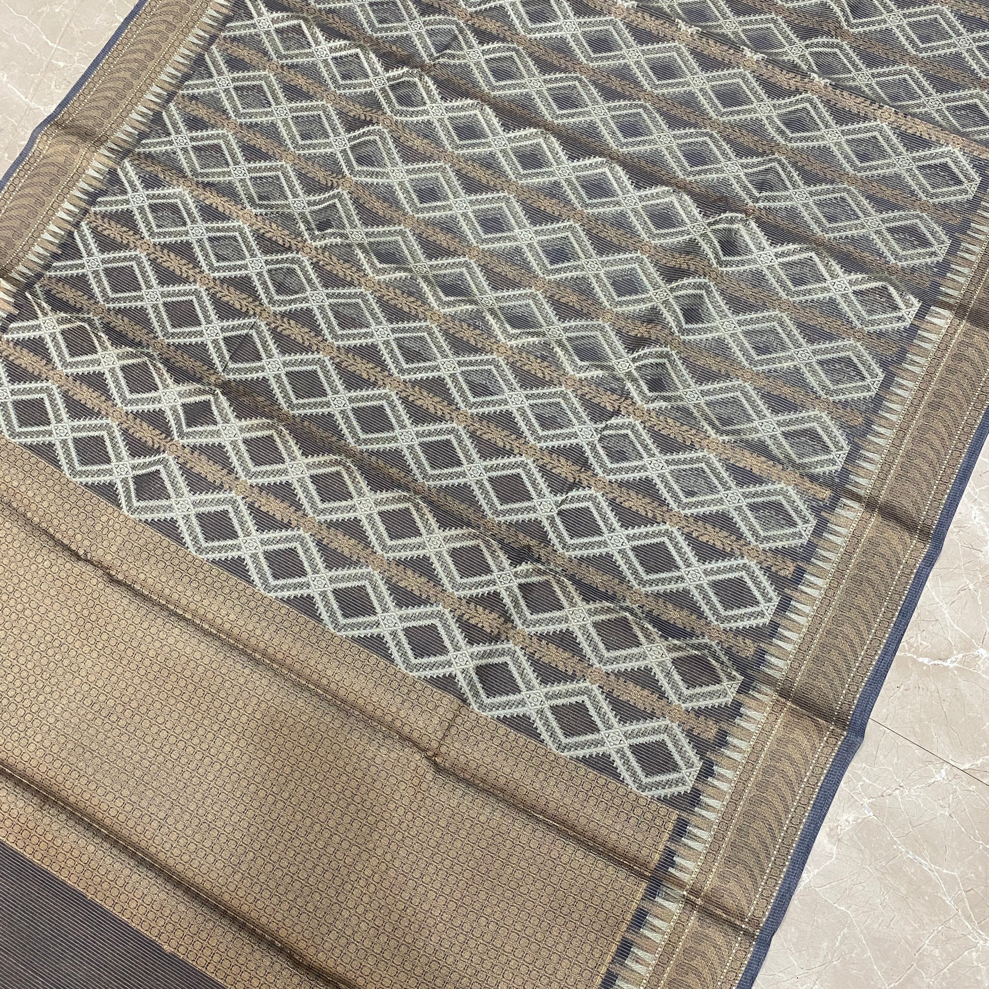 Silver Serenity — Pure Cotton Kota Check Banarasi Saree with Brocade Blouse by Shades Of Banaras - banarasi - banarasi saree shop - banarasi saree manufacturers - banarasi saree wholesale - banaraasi sarees