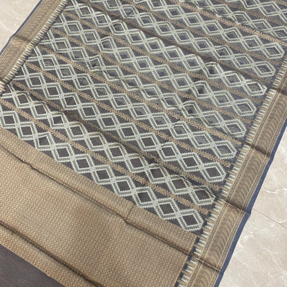 Silver Serenity — Pure Cotton Kota Check Banarasi Saree with Brocade Blouse by Shades Of Banaras - banarasi - banarasi saree shop - banarasi saree manufacturers - banarasi saree wholesale - banaraasi sarees