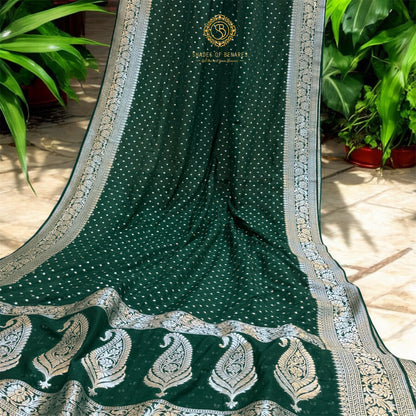 Enchanting Elegance: The Bottle Green Chiffon Georgette Banarasi Saree by Shades Of Benares - banarasi - banarasi saree shop