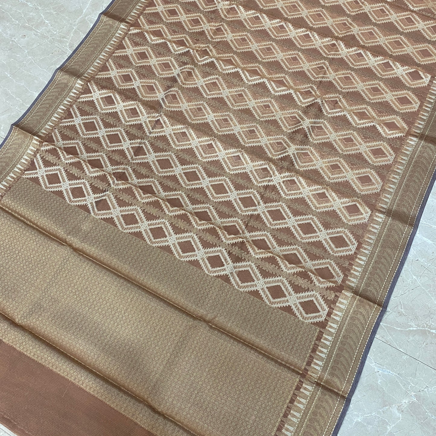 Amber Mist — Light Brown Pure Cotton Kota Check Banarasi Saree with Brocade Blouse by Shades Of Banaras - banarasi - banarasi saree shop - banarasi saree manufacturers - banarasi saree wholesale - banaraasi sarees