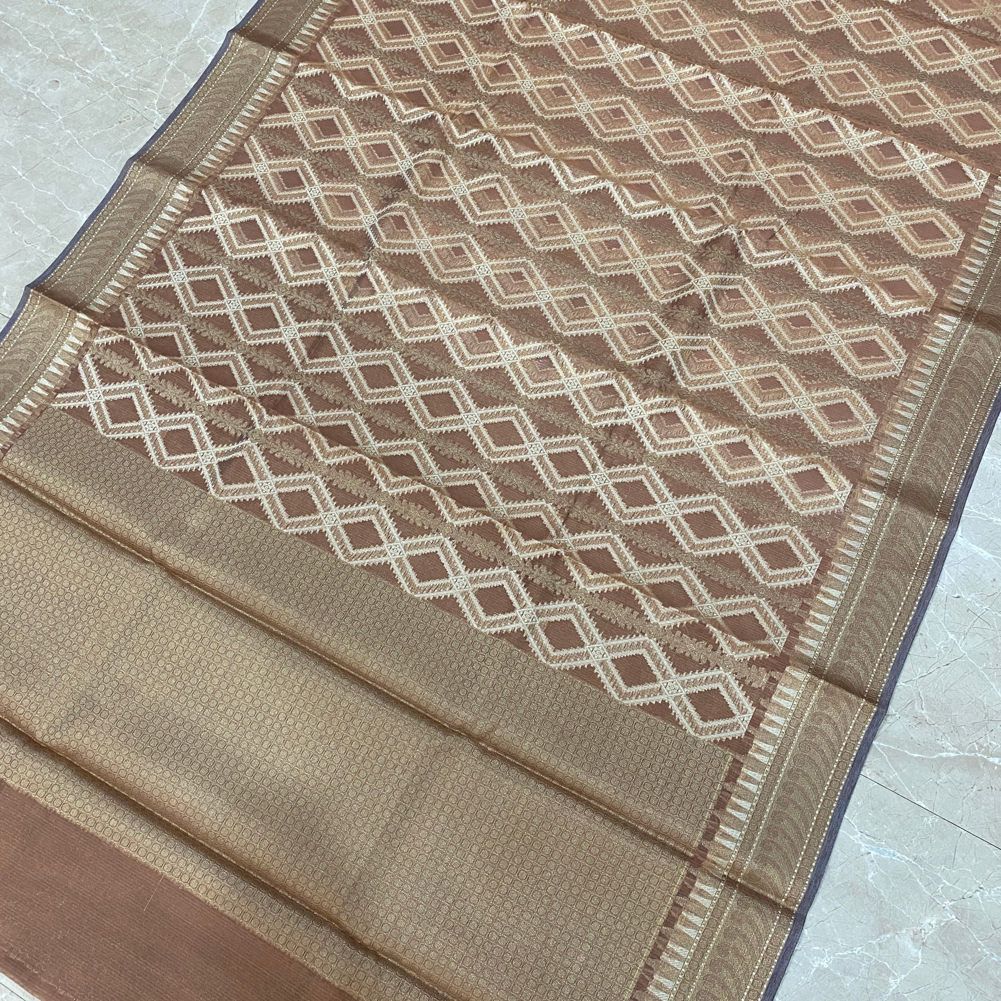 Amber Mist — Light Brown Pure Cotton Kota Check Banarasi Saree with Brocade Blouse by Shades Of Banaras - banarasi - banarasi saree shop - banarasi saree manufacturers - banarasi saree wholesale - banaraasi sarees