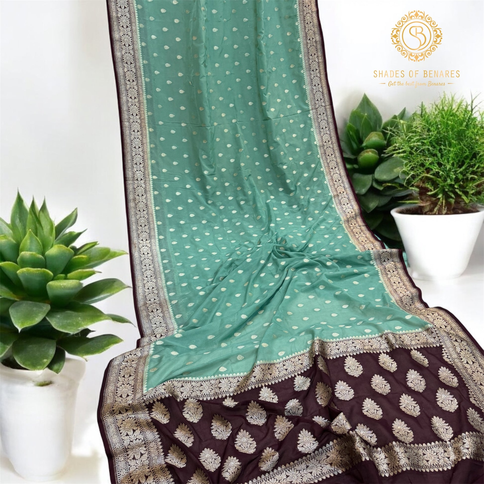 Serene Sophistication: The Sea Green & Brown Pure Chiffon Georgette Banarasi Saree by Shades Of Benares - banarasi - banarasi saree shop