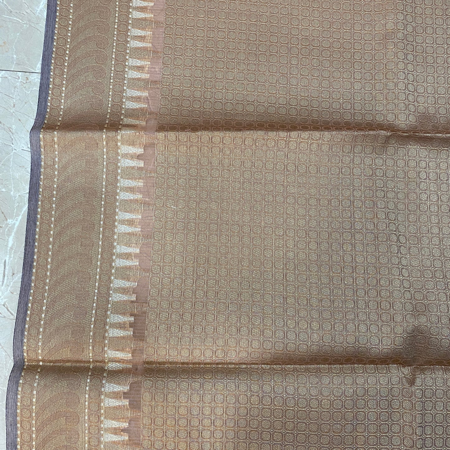 Amber Mist — Light Brown Pure Cotton Kota Check Banarasi Saree with Brocade Blouse by Shades Of Banaras - banarasi - banarasi saree shop - banarasi saree manufacturers - banarasi saree wholesale - banaraasi sarees