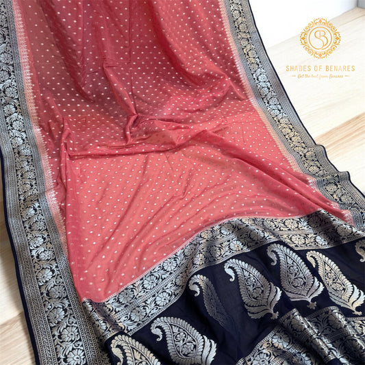 Dual Delight: The Peach & Navy Blue Chiffon Georgette Banarasi Saree by Shades Of Benares - banarasi - banarasi saree shop