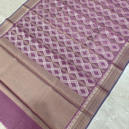 Royal Whisper — Purple Pure Cotton Kota Check Banarasi Saree with Brocade Blouse by Shades Of Banaras - banarasi - banarasi saree shop - banarasi saree manufacturers - banarasi saree wholesale - banaraasi sarees