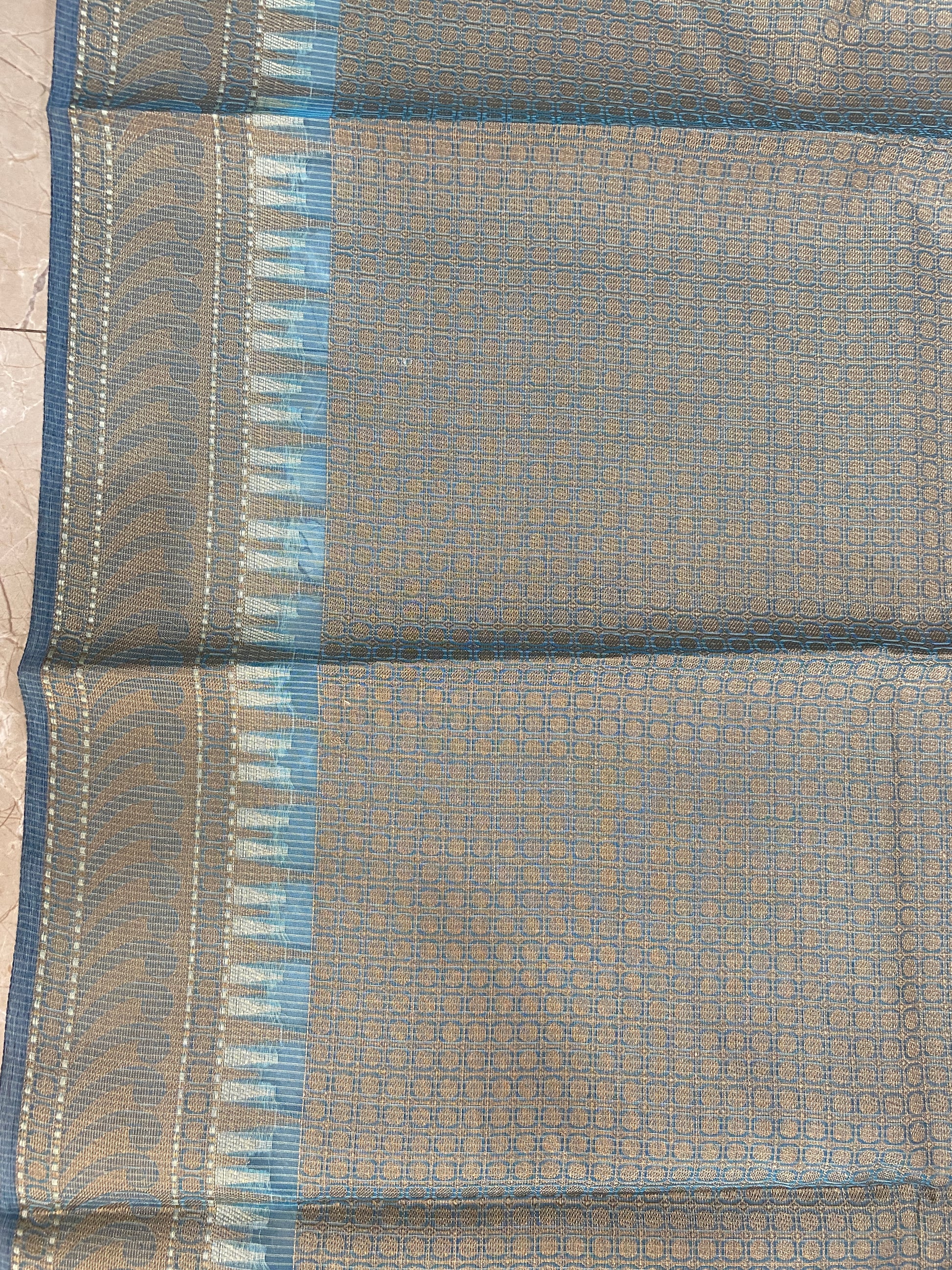 Sky Tranquil — Pure Cotton Kota Check Banarasi Saree with Brocade Blouse by Shades Of Banaras - banarasi - banarasi saree shop - banarasi saree manufacturers - banarasi saree wholesale - banaraasi sarees