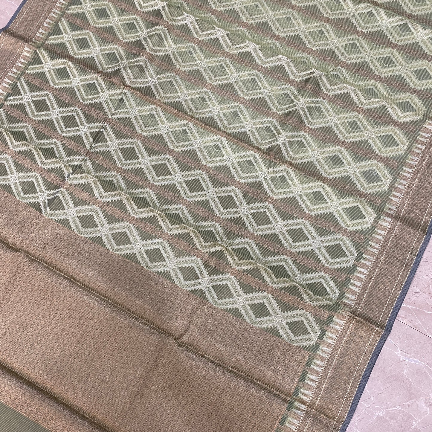Spring Mist — Light Green Pure Cotton Kota Check Banarasi Saree with Brocade Blouse by Shades Of Banaras - banarasi - banarasi saree shop - banarasi saree manufacturers - banarasi saree wholesale - banaraasi sarees