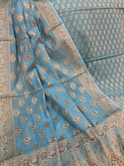 Timeless Charm: The Blue 3-Piece Handloom Pure Cotton Banarasi Suit Set by Shades Of Benares - banarasi - banarasi saree shop