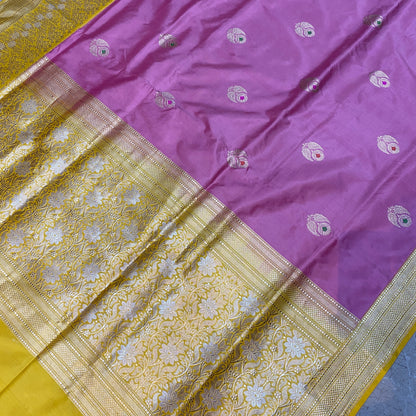 Gulabi Noor — Pink Pure Silk Banarasi Saree with Contrast Yellow Border & Kadhua Minakari Weave by Shades Of Banaras - banarasi - banarasi saree shop - banarasi saree manufacturers - banarasi saree wholesale - banaraasi sarees