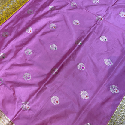 Gulabi Noor — Pink Pure Silk Banarasi Saree with Contrast Yellow Border & Kadhua Minakari Weave by Shades Of Banaras - banarasi - banarasi saree shop - banarasi saree manufacturers - banarasi saree wholesale - banaraasi sarees