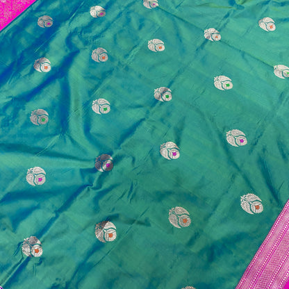 Emerald Majesty — Green Pure Silk Banarasi Saree with Contrast Pink Border & Kadhua Minakari Motifs by Shades Of Banaras - banarasi - banarasi saree shop - banarasi saree manufacturers - banarasi saree wholesale - banaraasi sarees