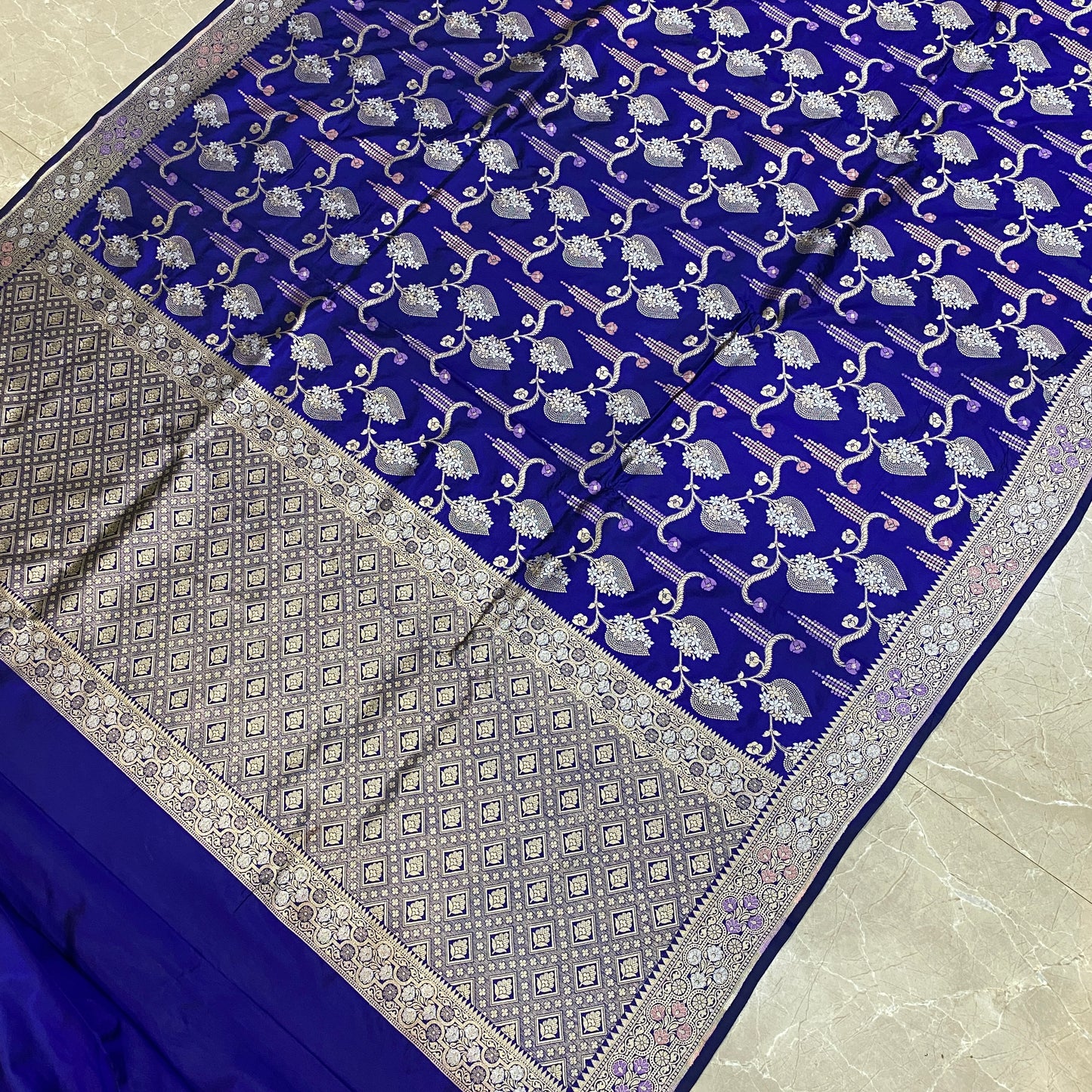 Regal Radiance — Royal Blue Pure Silk Banarasi Saree with Matt Gold Jaal Weave by Shades Of Banaras - banarasi - banarasi saree shop - banarasi saree manufacturers - banarasi saree wholesale - banaraasi sarees