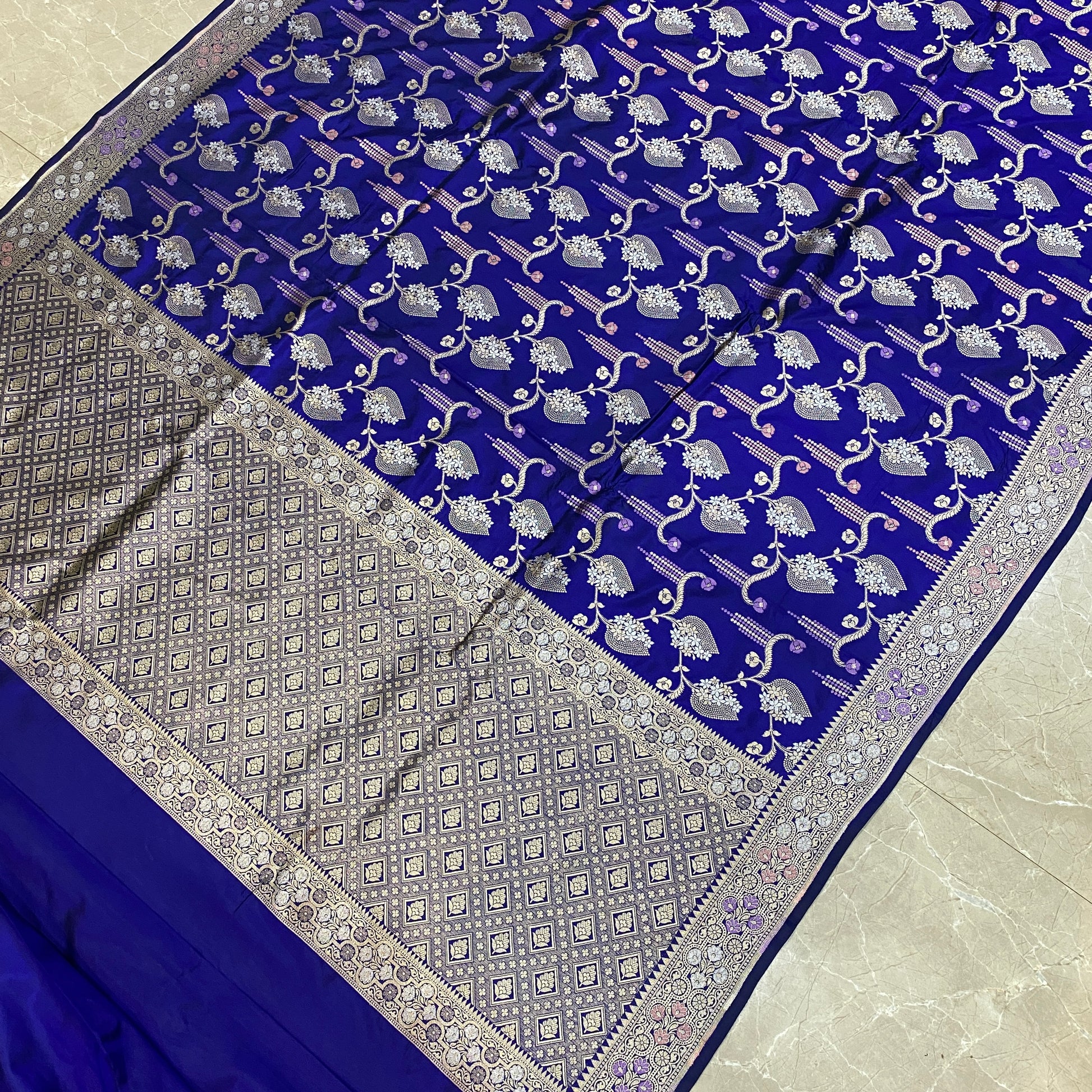 Regal Radiance — Royal Blue Pure Silk Banarasi Saree with Matt Gold Jaal Weave by Shades Of Banaras - banarasi - banarasi saree shop - banarasi saree manufacturers - banarasi saree wholesale - banaraasi sarees