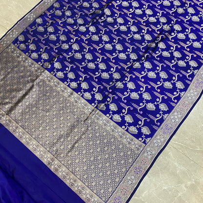 Regal Radiance — Royal Blue Pure Silk Banarasi Saree with Matt Gold Jaal Weave by Shades Of Banaras - banarasi - banarasi saree shop - banarasi saree manufacturers - banarasi saree wholesale - banaraasi sarees