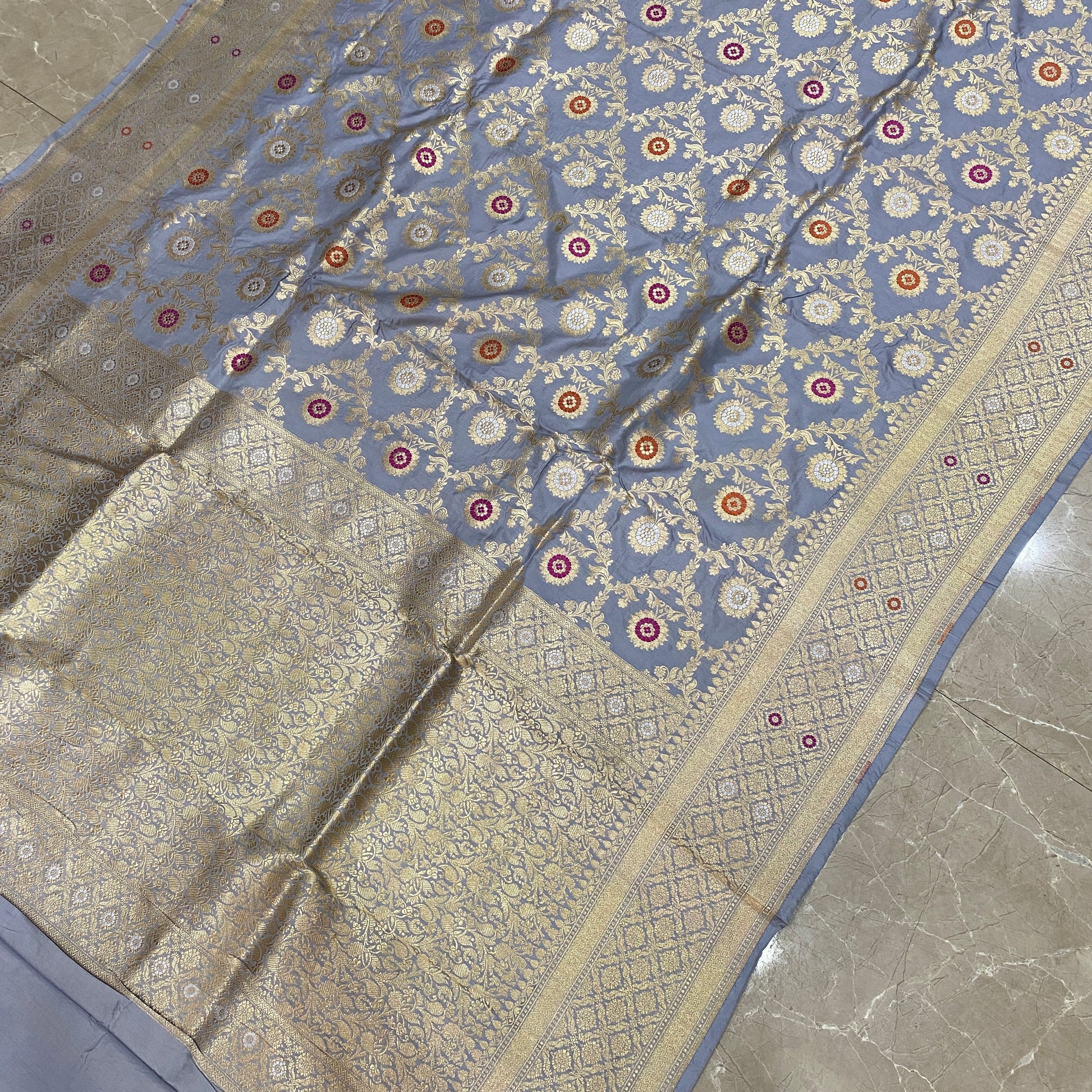 Captivating Drape: The Grey Pure Silk Banarasi Saree by Shades Of Banaras - banarasi - banarasi saree shop - banarasi saree manufacturers - banarasi saree wholesale - banaraasi sarees